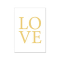 Weiße Postkarte mit einer goldenen Schrift "LOVE"