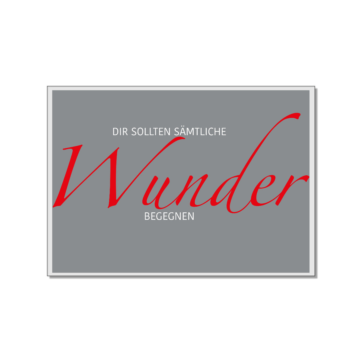 Eine graue Postkarte mit der Roten Schrift "Die sollten sämtliche Wunder begegnen"