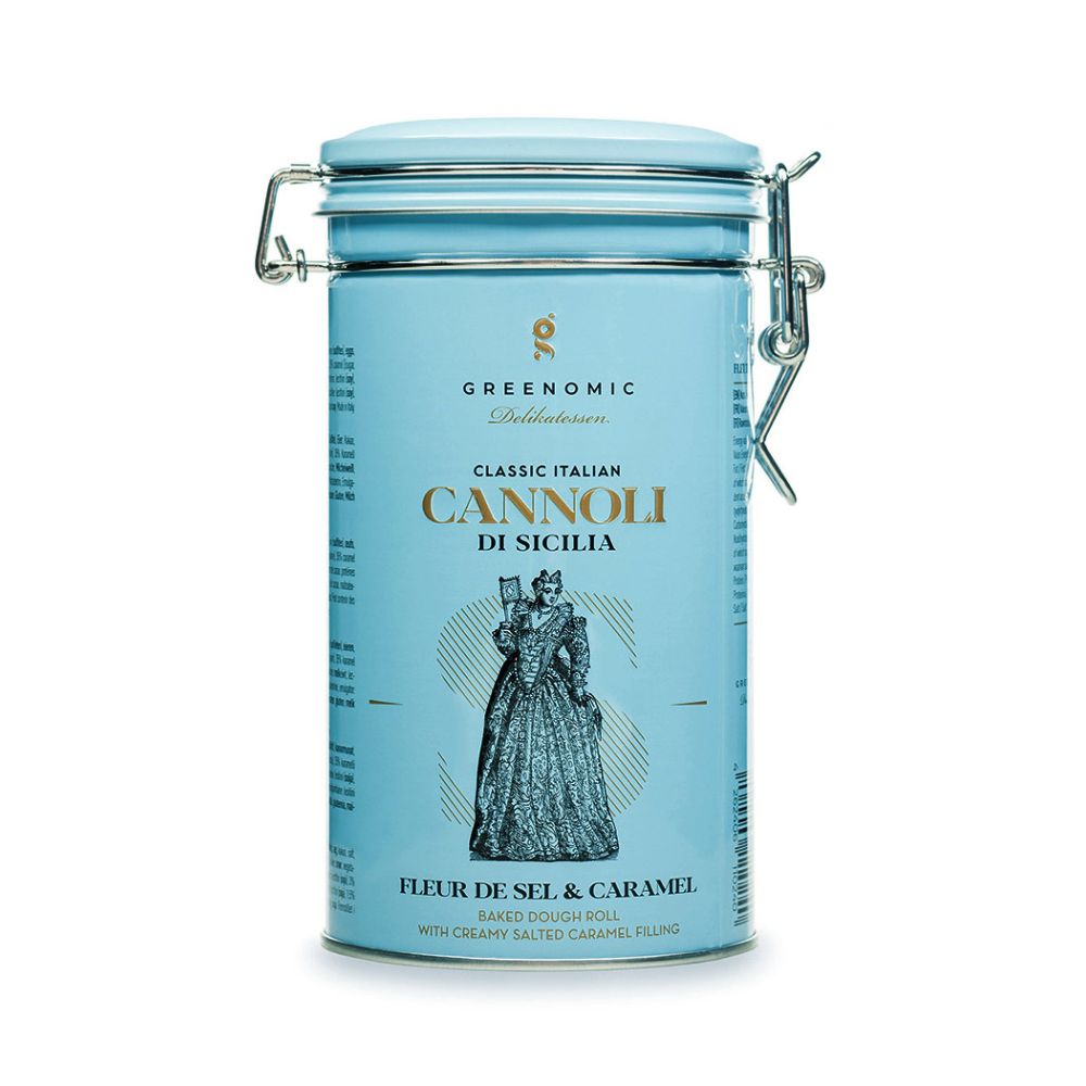 Zylindrische Metallbox mit italienischen Cannoli gefüllt, türkises Metall, Metallischer Verschluss, FLEUR DE SEL and CARAMEL Geschmack