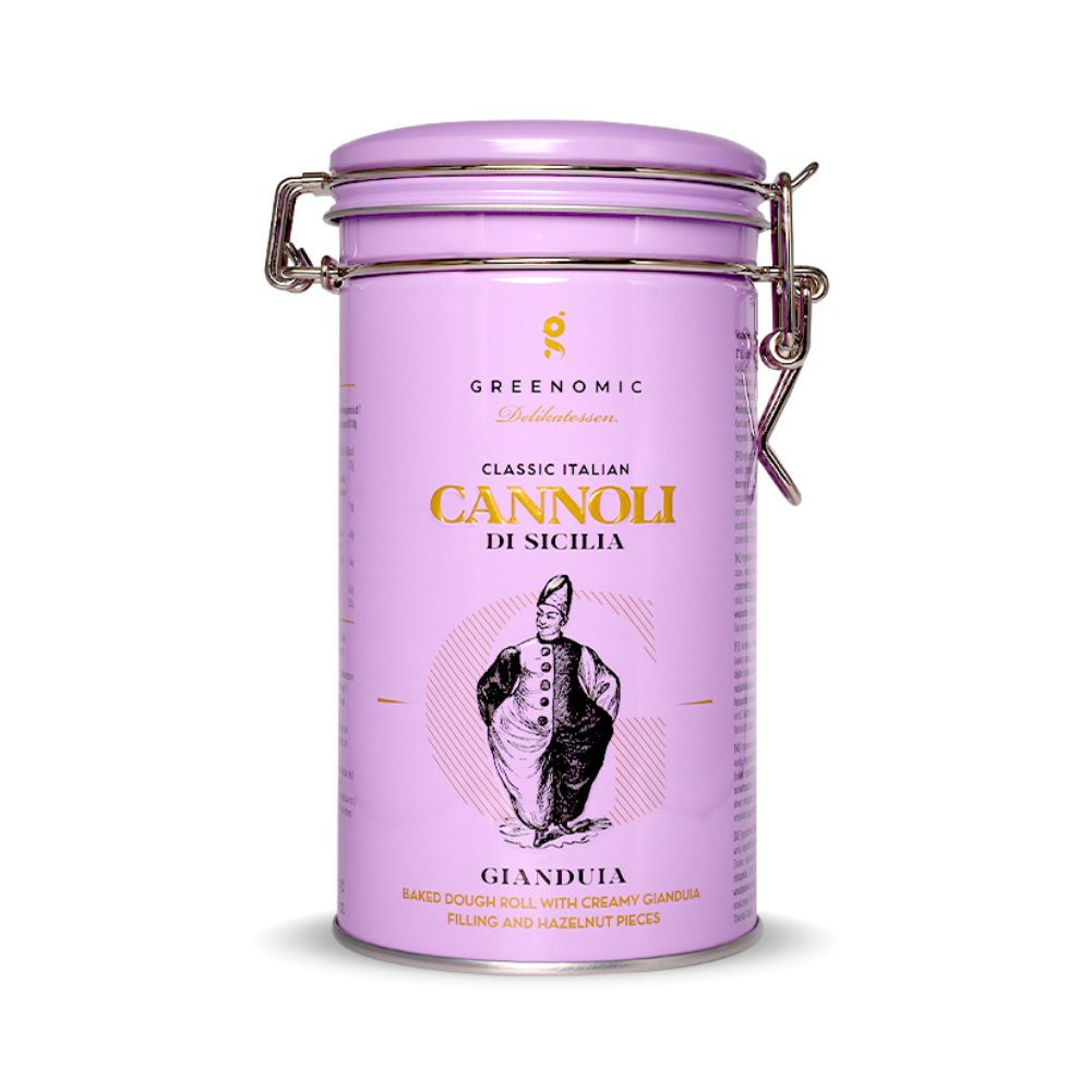Zylindrische Metallbox mit italienischen Cannoli gefüllt, türkises Metall, Metallischer Verschluss, GIANDUIA Geschmack