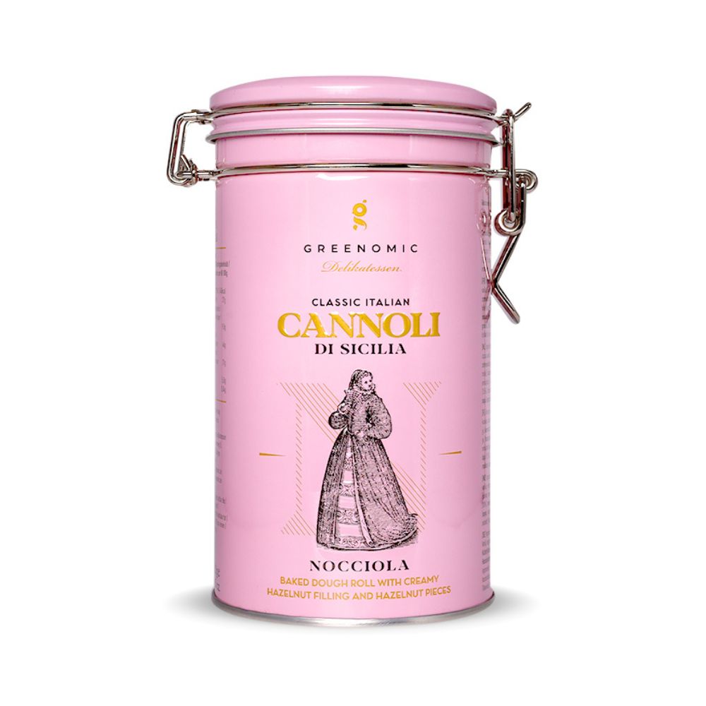 Pinke Zylindrische Metallbox mit italienischen Cannoli gefüllt, türkises Metall, Metallischer Verschluss, NOCCIOLA Geschamck