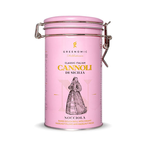 Pinke Zylindrische Metallbox mit italienischen Cannoli gefüllt, türkises Metall, Metallischer Verschluss, NOCCIOLA Geschamck