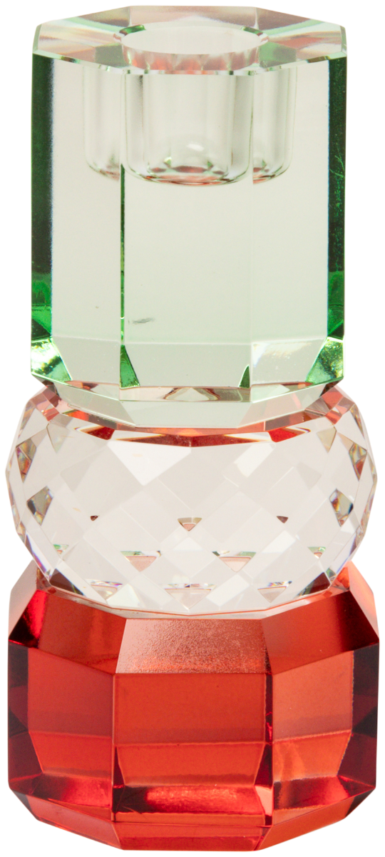 Ein hoher Kerzenhalter aus Glas in Rot, Klar und Hellminze Kristall-Optik, bestehend aus mehreren geometrischen Flächen. Der Kerzenhalter hat eine moderne, facettierte Optik, die das Licht reflektiert