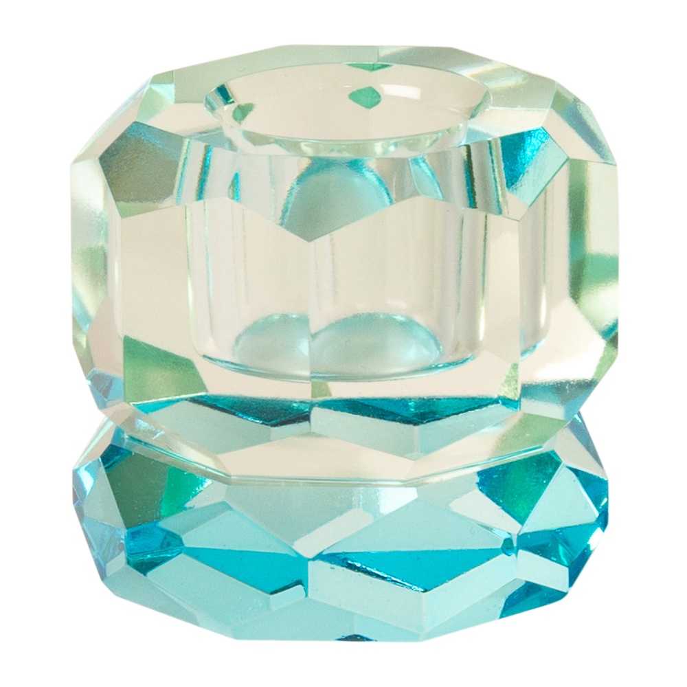 Ein kleiner Dioptrics Kerzenhalter aus Glas in Blau und Hellminze Kristall-Optik, bestehend aus mehreren geometrischen Flächen. Der Kerzenhalter hat eine moderne, facettierte Optik, die das Licht reflektiert