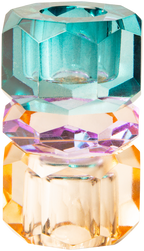 Ein hoher wendbarer Dioptrics Kerzenhalter aus Glas in Petrol, Violett und Pfirsich Kristall-Optik, bestehend aus mehreren geometrischen Flächen. Der Kerzenhalter hat eine moderne, facettierte Optik, die das Licht reflektiert, umgedreht