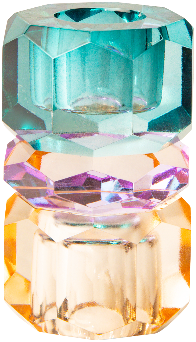 Ein hoher wendbarer Dioptrics Kerzenhalter aus Glas in Petrol, Violett und Pfirsich Kristall-Optik, bestehend aus mehreren geometrischen Flächen. Der Kerzenhalter hat eine moderne, facettierte Optik, die das Licht reflektiert, umgedreht