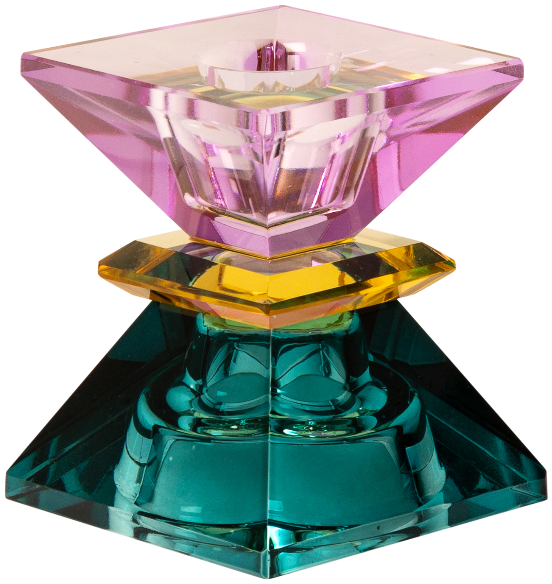 Ein hoher wendbarer Kerzenhalter aus Glas in Petrol, Gelb und Violett Kristall-Optik, bestehend aus mehreren geometrischen Flächen. Der Kerzenhalter hat eine moderne, facettierte Optik, die das Licht reflektiert