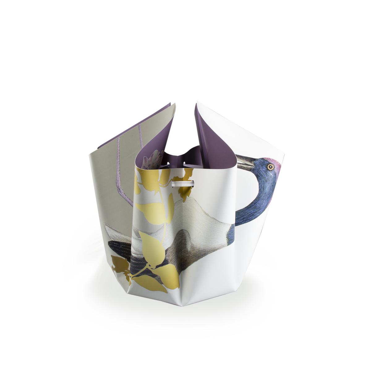 Faltvase mit einem Storch Design in Lila/Weiß/Gold, zusammengebunden mit einer Weißen Schnurr, anderer Winkel
