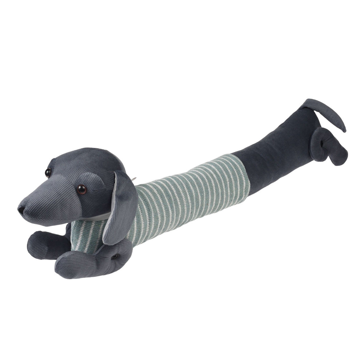 Ein Türstopper Zugluftstopper als längliche Graue Dackel Form mit einem Grünweiß gestreiften Pulli