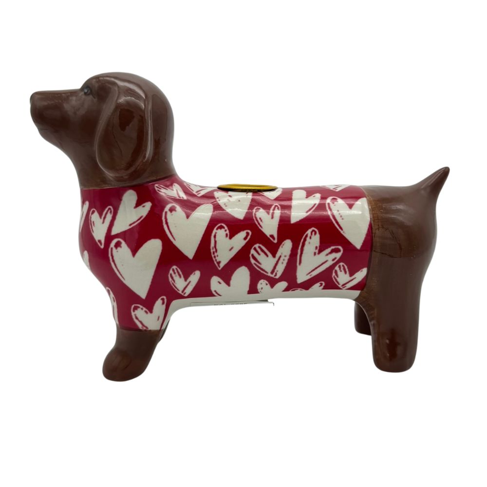Kerzenhalter - Dackel in rotem Anzug mit weißen Herzen