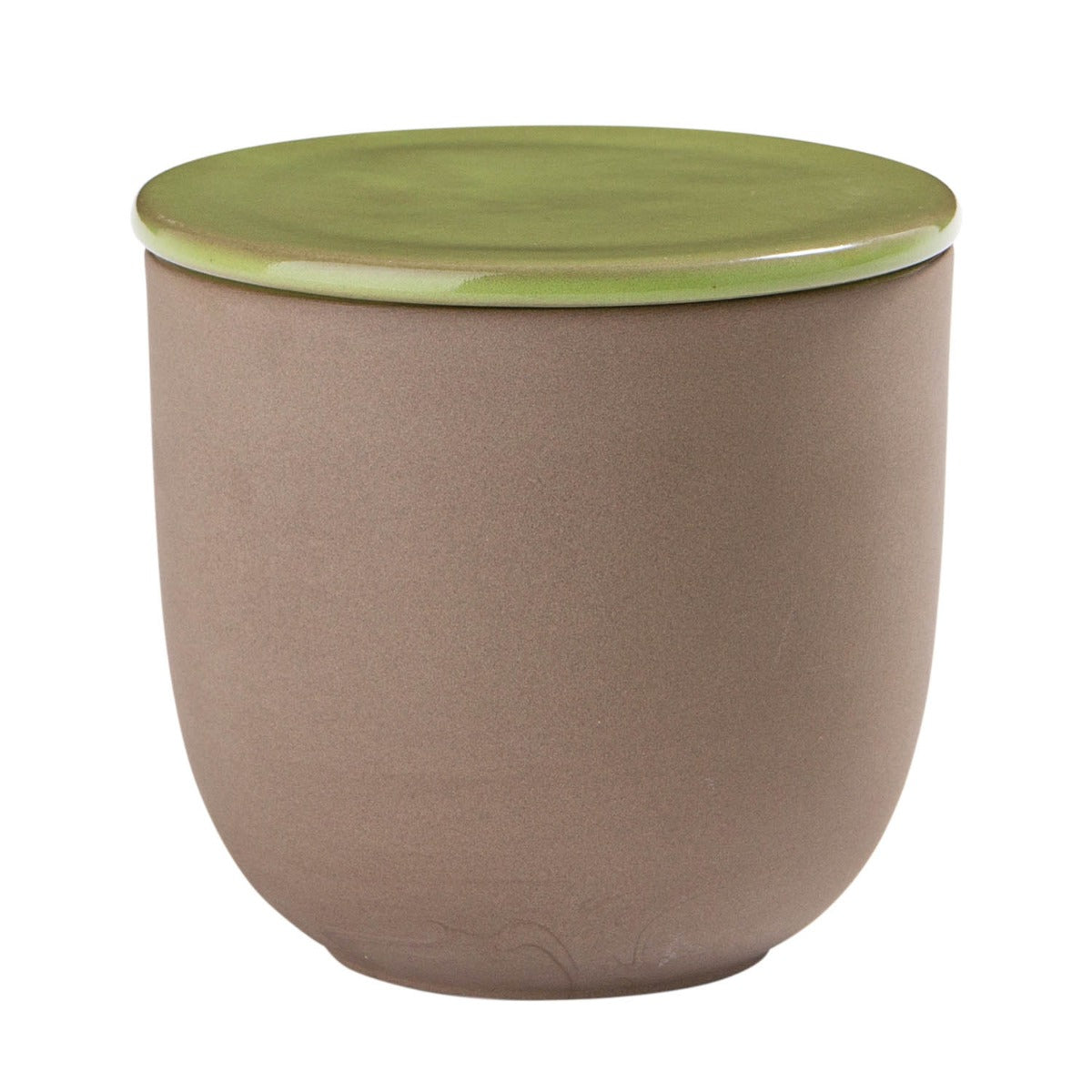 Eine Dose aus Steinzeug mit einem Grünen Deckel