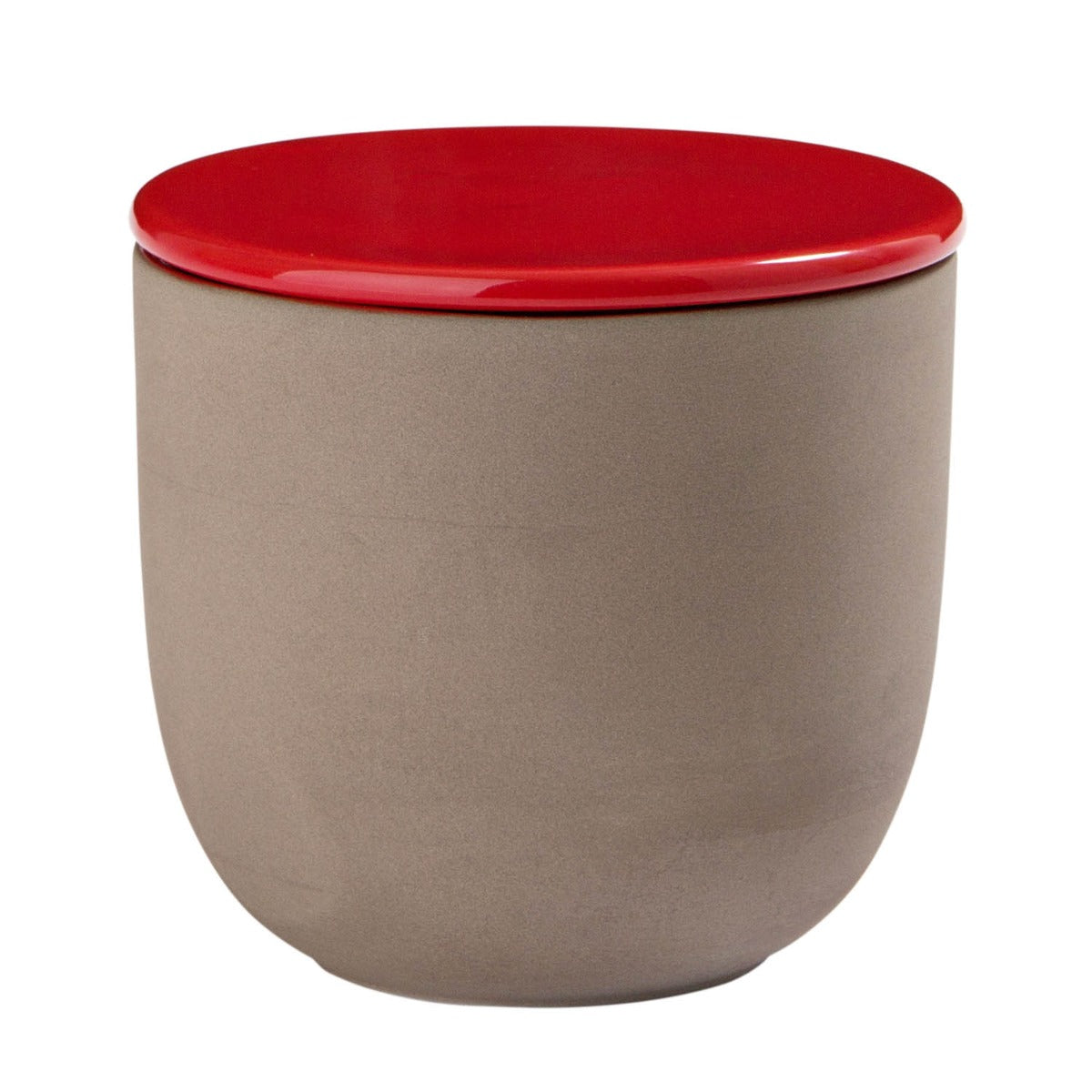 Eine Dose aus Steinzeug mit einem Roten Deckel