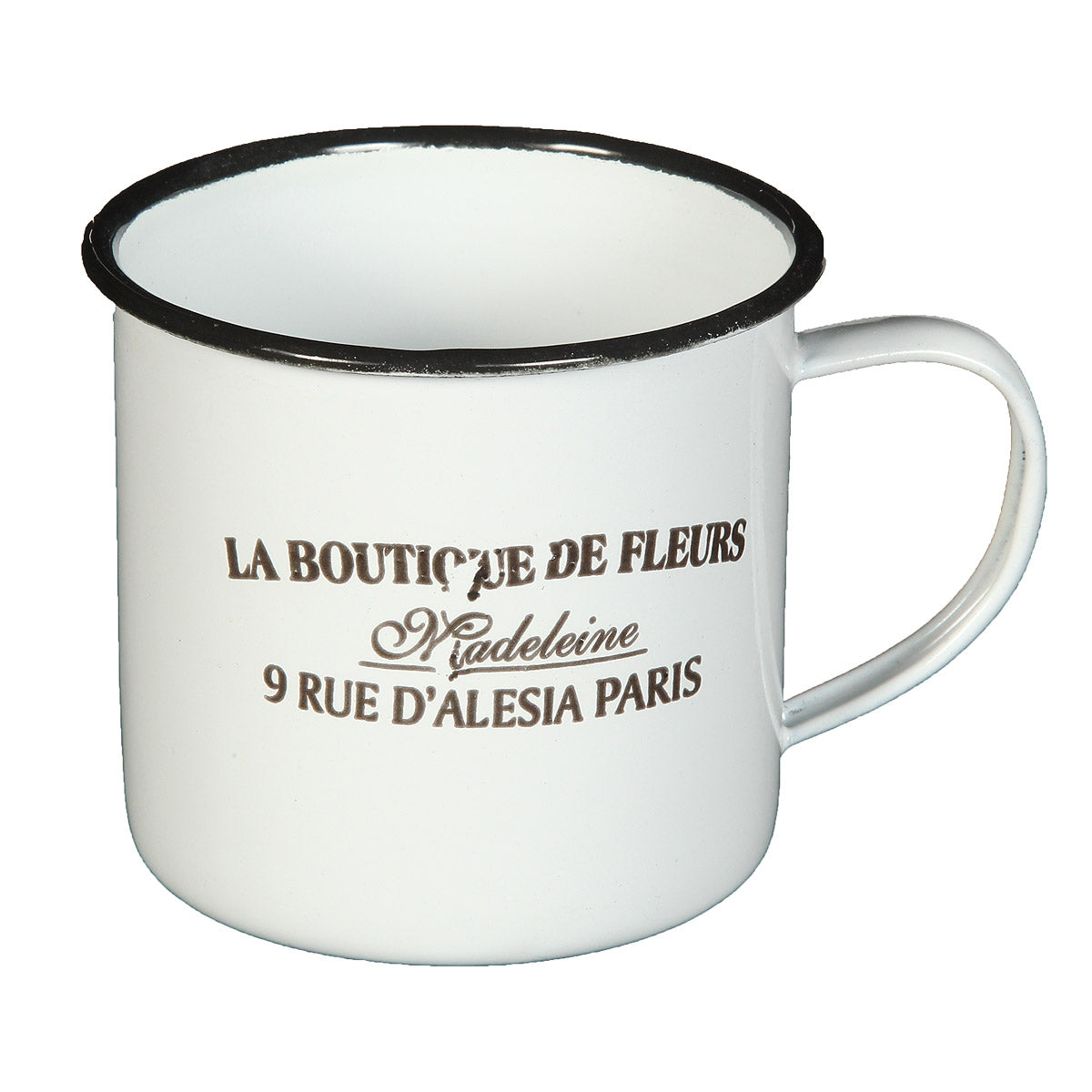 Weißer Becher mit der schwarzen Schrift "La Boutique De Fleurs"