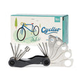14 in 1 Multi Toll zum Ausklappen, Tools aus Edelstahl, verpackt in illustierter Geschenkbox mit Buntem Fahrrad und Natur und der Aufschrift: Cyclist