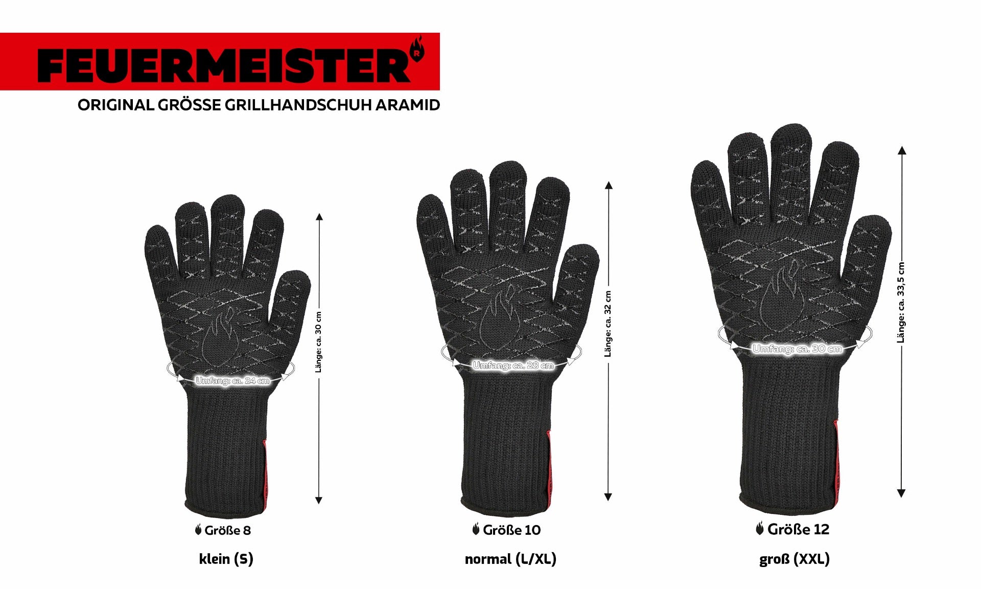 Größenvergleich verschiedener schwarzer anliegender Grill-Handschuhe