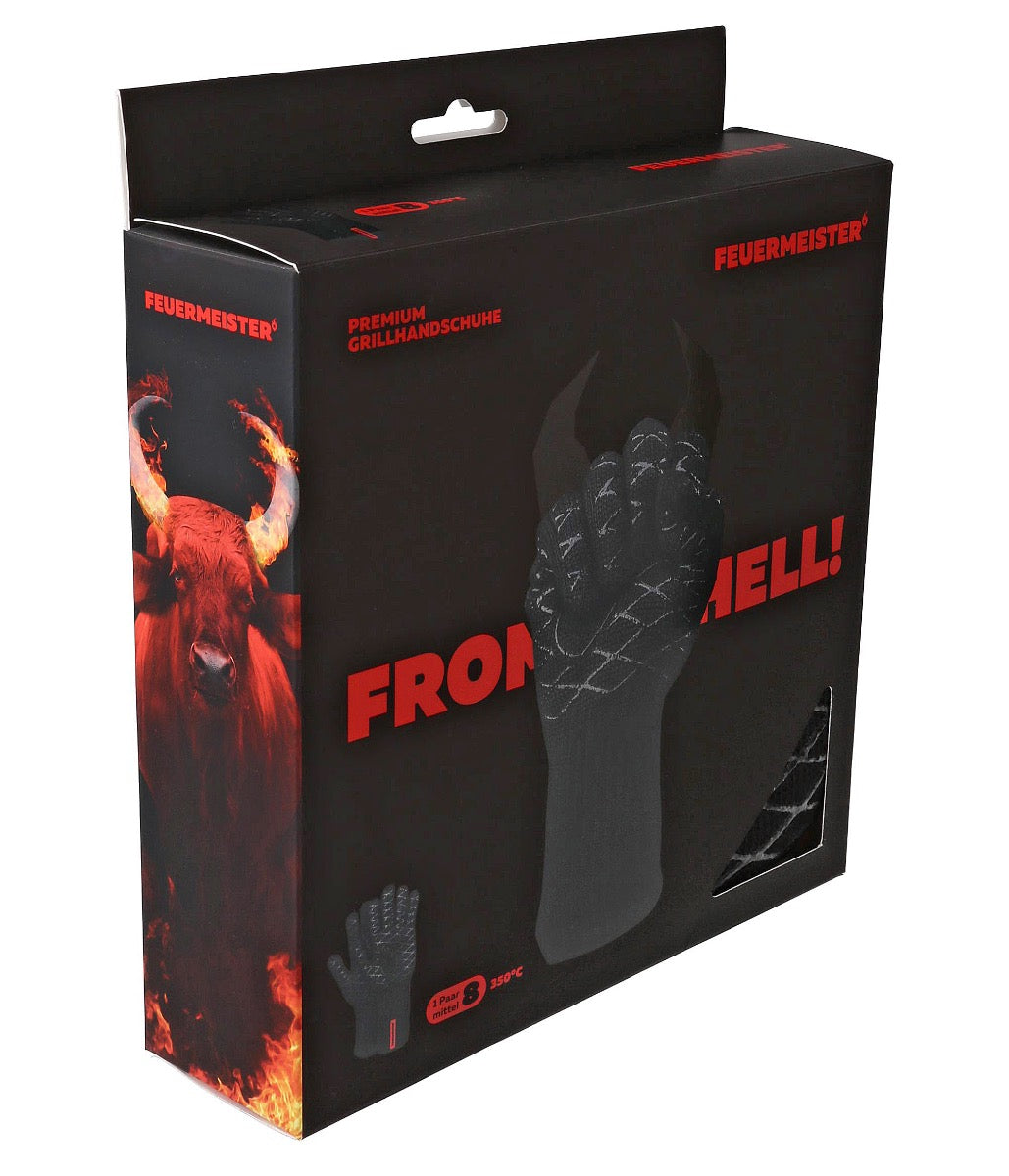 Schwarze Verpackung der Feuermeister Grill-Handschuhe