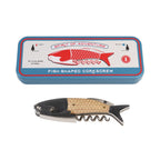 Fischförmiger Korkenzieher, Säge und Flaschenöffner und die Box "Spirit of Adventure"