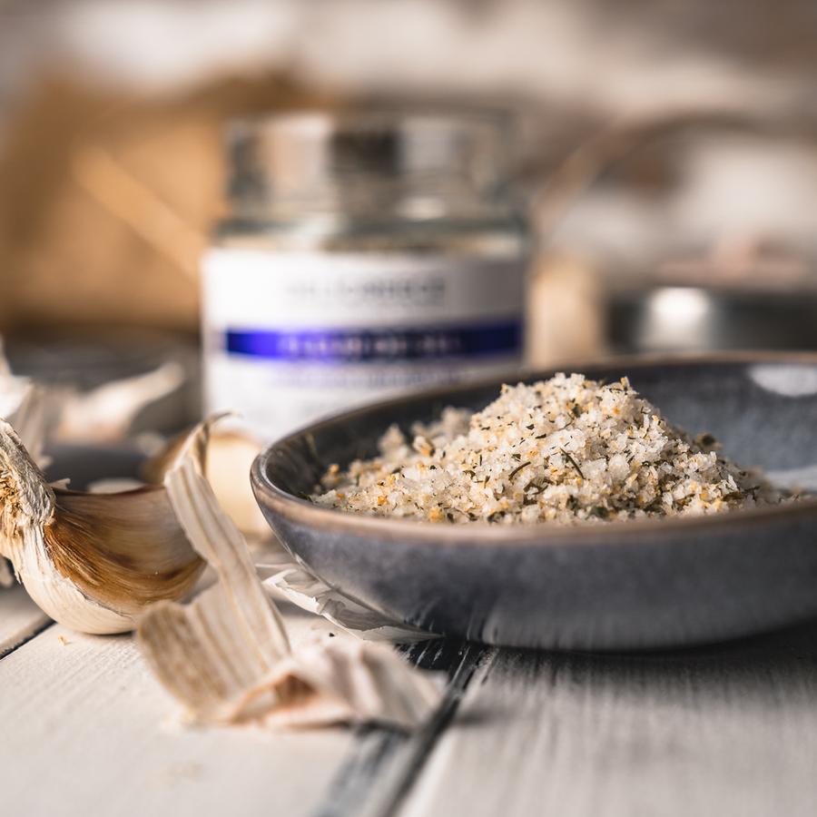 Fleur de Sel, handgeschöpftes Meersalz mit Knoblauch