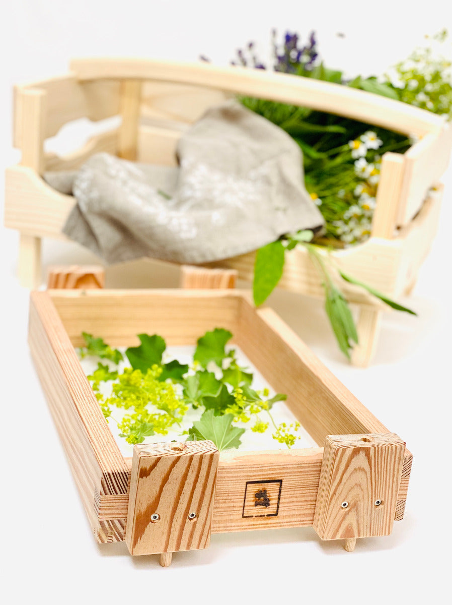 Der Kräutertrockner mit Kräuter im Hintergrund