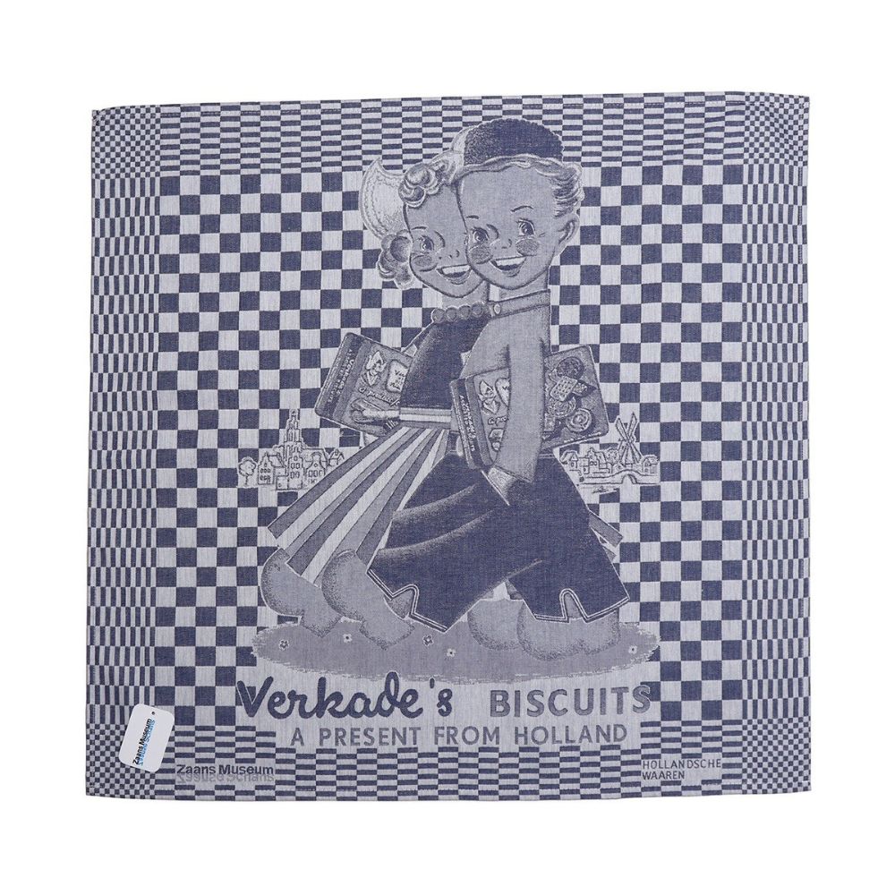 Blau, weißes Baumwollgeschirrtuch mit holländischem Motiv, Motiv: Original altes Webeplakat von bekannter Süßwarenmarke Verkade aus dem Zaans Museam, Niederlande