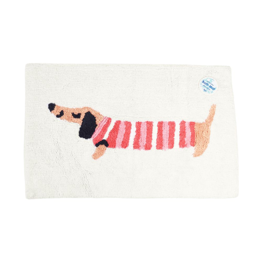 weiche flausichige Badematte mit weißem Hintergund, im Vordrgund niedlicher lächelnder Dackel in sanften Farben, Dackel mit gestreiftem Dackelpulli, Dackelpulli gestreift in rosa rot und weiß