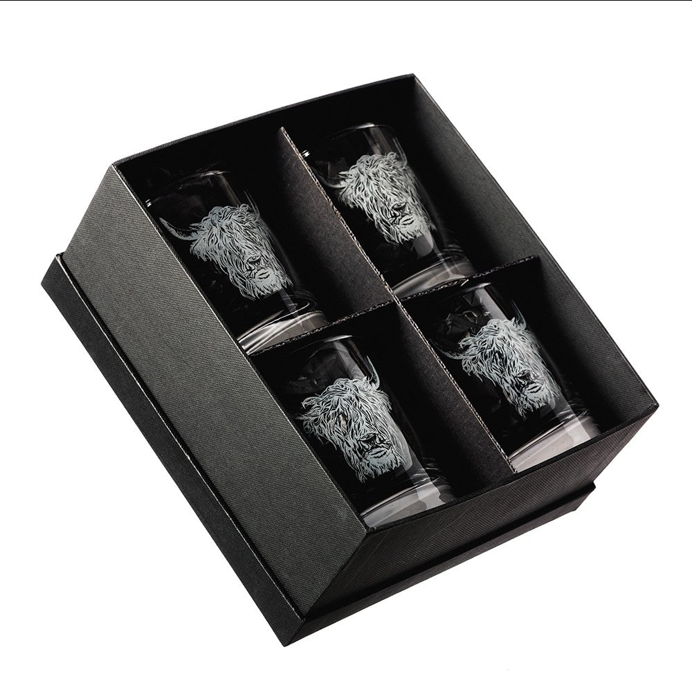 Vier Whisky-Gläser mit aufgedruckten "Hochlandrind" Design in Verpackung