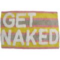 Badematte/ Badvorleger gestreift in Pink, Gelb und Grau mit der weißen Schrift "Get Naked"
