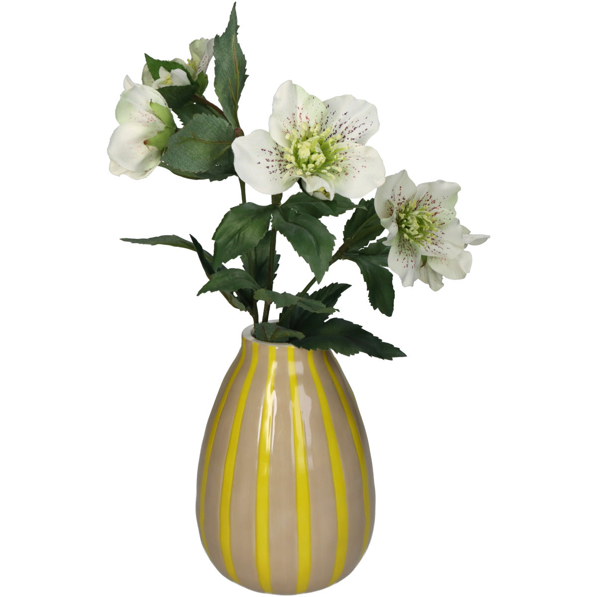 Ovale Deko Vase, vertikal gestreift in Braun und Gelb mit enthaltenen weißen Blumen
