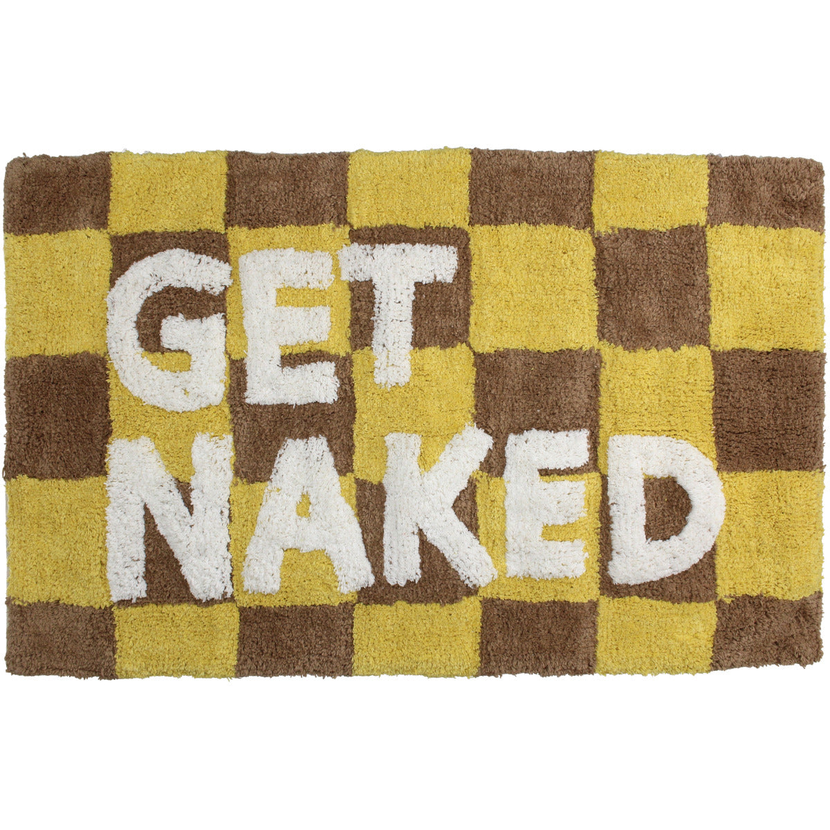 Badvorleger/ Badematte kariert in Braun und Gelb mit der weißen Schrift "Get naked"