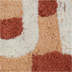 Rot Beige karierte Badematte mit der weißen Schrift "Nice Bum" Nahaufnahme des Materials