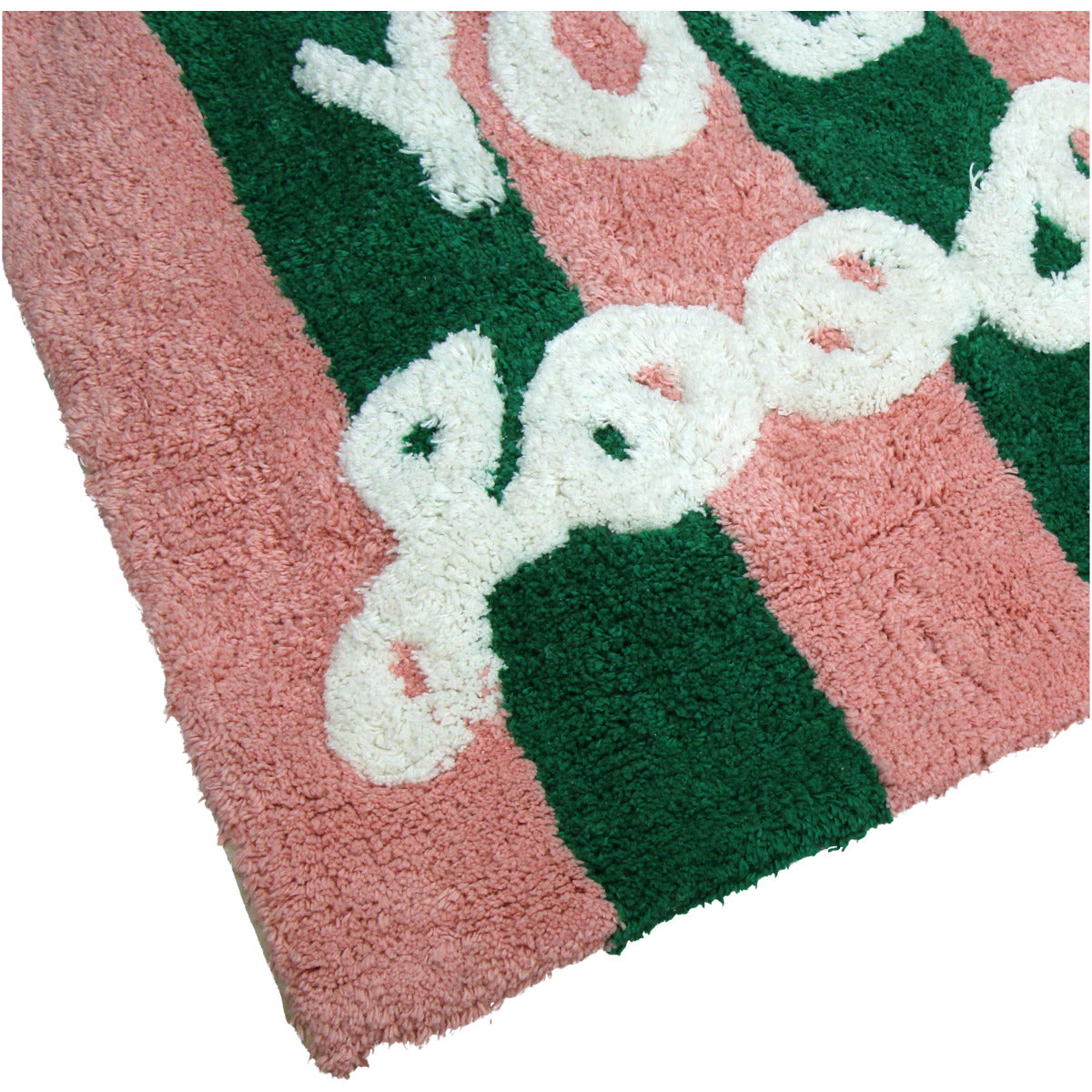 Grün Pink gestreifte Badematte mit der weißen Schrift "You look good today" Nahaufnahme einer Ecke