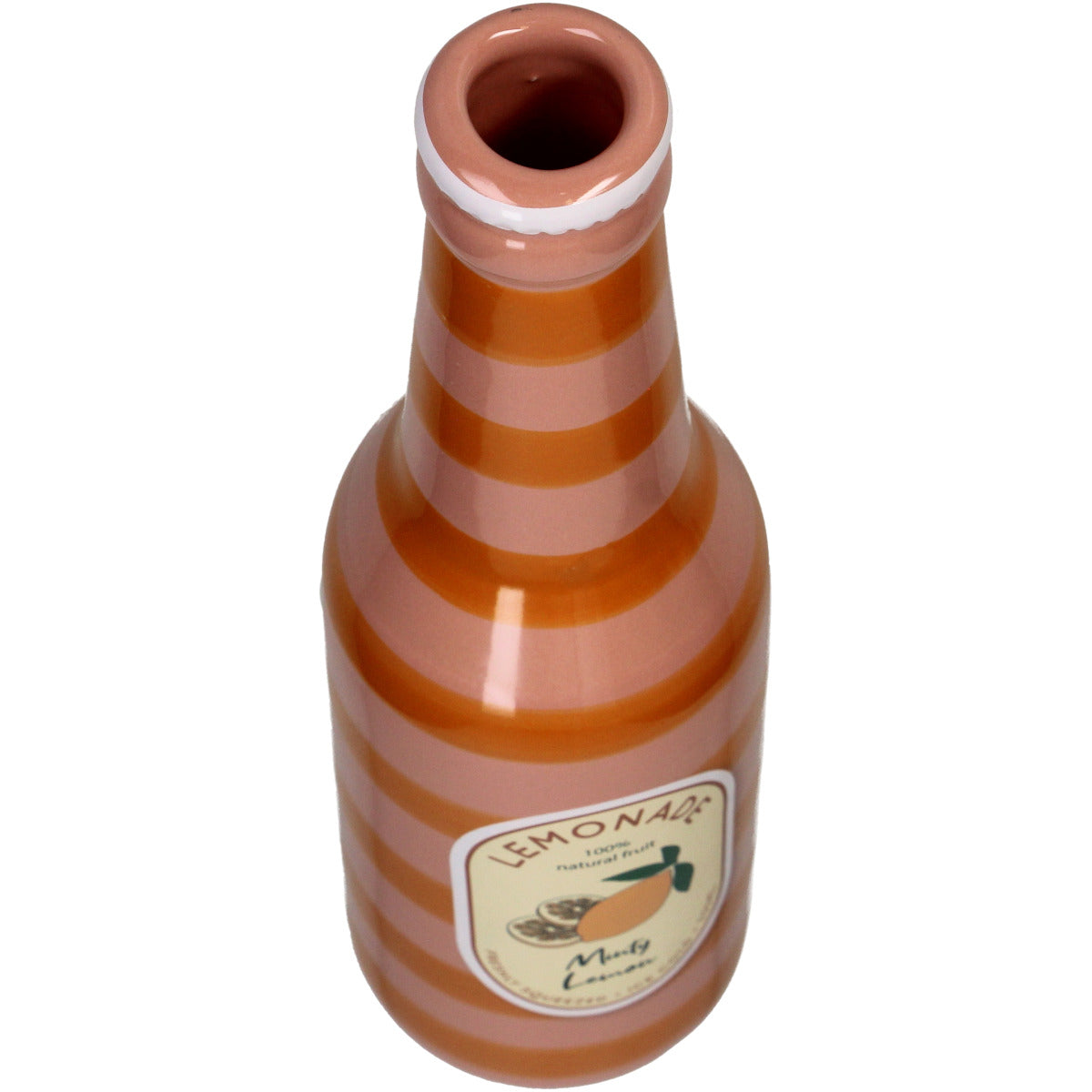 Nahaufnahme der Öffnung der Deko Vase in Form einer Flasche, Orange und Pink gestreift mit einem altmodischen Zitronen-Limonaden Label
