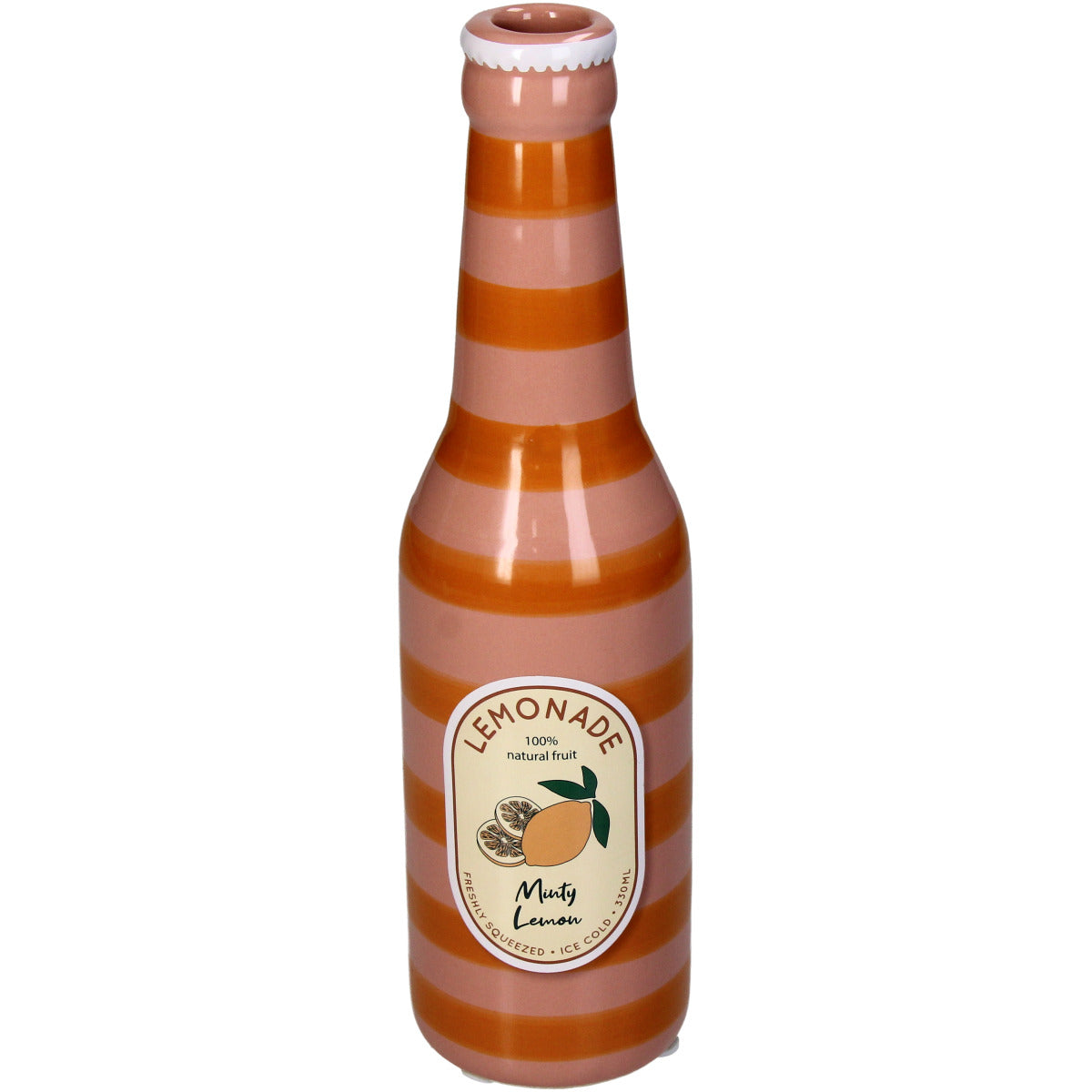 Deko Vase in Form einer Flasche, Orange und Pink gestreift mit einem altmodischen Zitronen-Limonaden Label