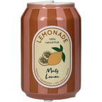 Deko Vase in Dosen Form getreift in Pink und Orange mit einem altmodischen Zitronen-Limonaden Label