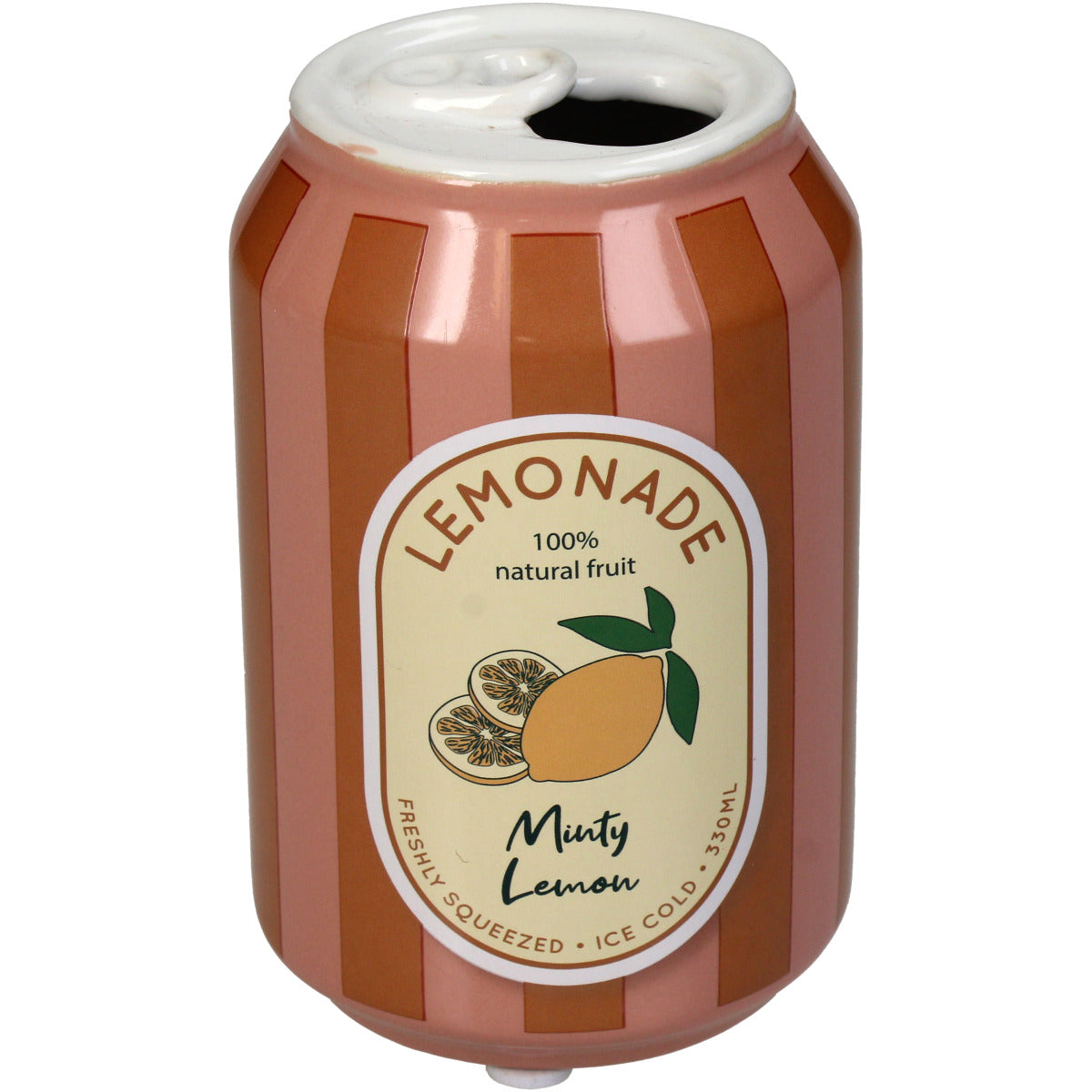 Deko Vase in Dosen Form getreift in Pink und Orange mit einem altmodischen Zitronen-Limonaden Label