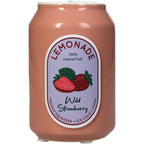 Pinke Deko Vase im Look einer altmodischen Dose mit Erdbeer Limonaden Label