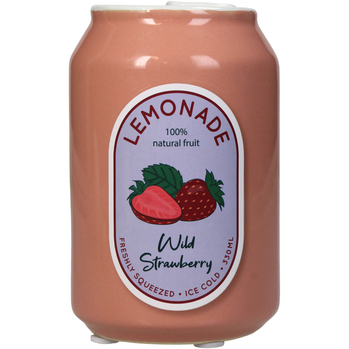 Pinke Deko Vase im Look einer altmodischen Dose mit Erdbeer Limonaden Label