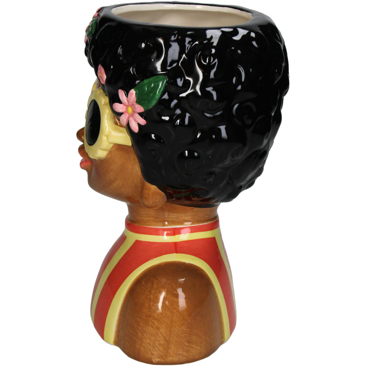Seitenansicht der Deko Vase in Form einer Hippen Hawaiianischen Frau mit schwarzen Haaren und goldener Blumen Sonnenbrille und Blumen im Haar