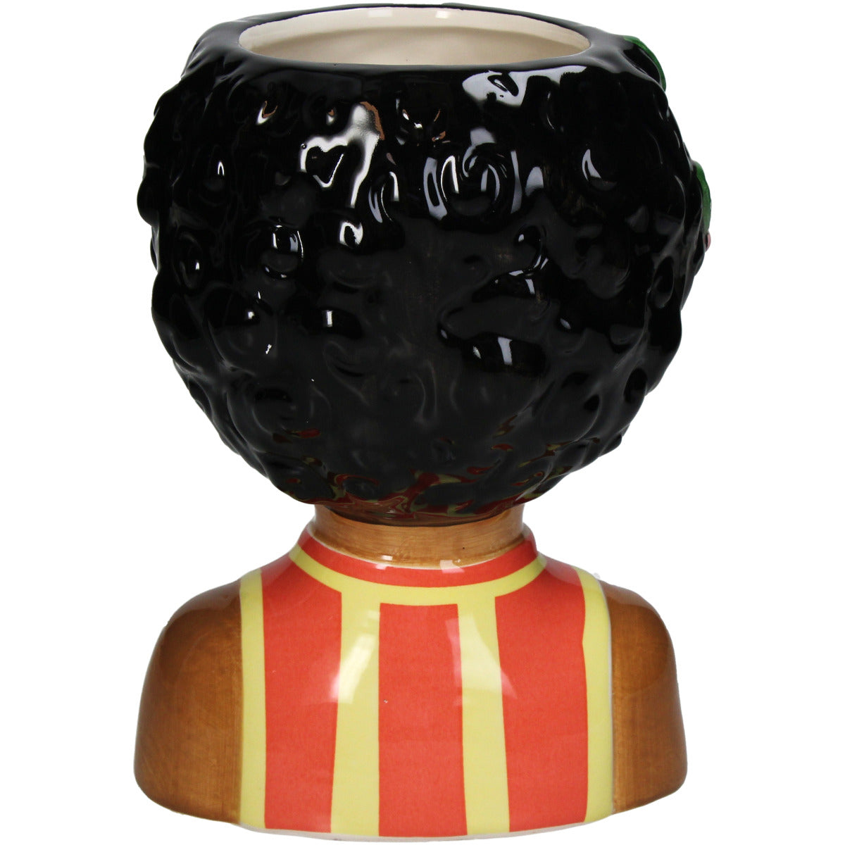 Hinteransicht der Deko Vase in Form einer Hippen Hawaiianischen Frau mit schwarzen Haaren und goldener Blumen Sonnenbrille und Blumen im Haar