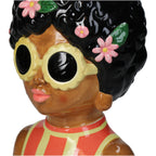 Deko Vase in Form einer Hippen Hawaiianischen Frau mit schwarzen Haaren und goldener Blumen Sonnenbrille und Blumen im Haar Nahaufnahme