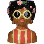 Deko Vase in Form einer Hippen Hawaiianischen Frau mit schwarzen Haaren und goldener Blumen Sonnenbrille und Blumen im Haar