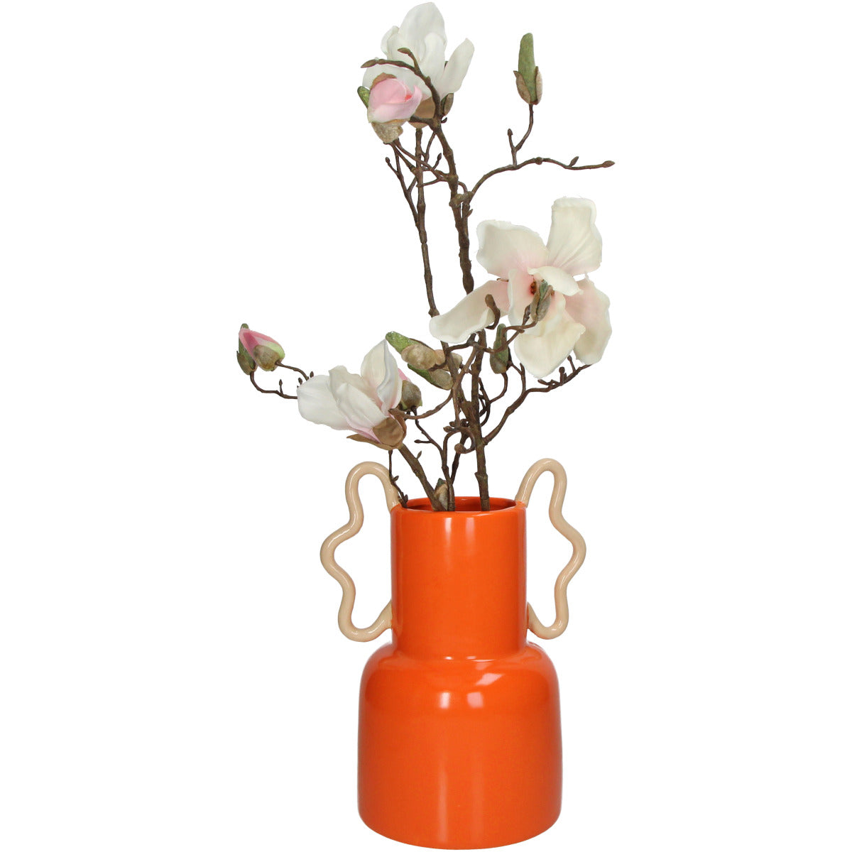 Orangene Deko Vase in form einer zweistufigen Zylindrischen Form, unten breiter ober enger. Mit geschwungenen Sandfarbigen Griffen in der zweige mit weißen Blüten stecken