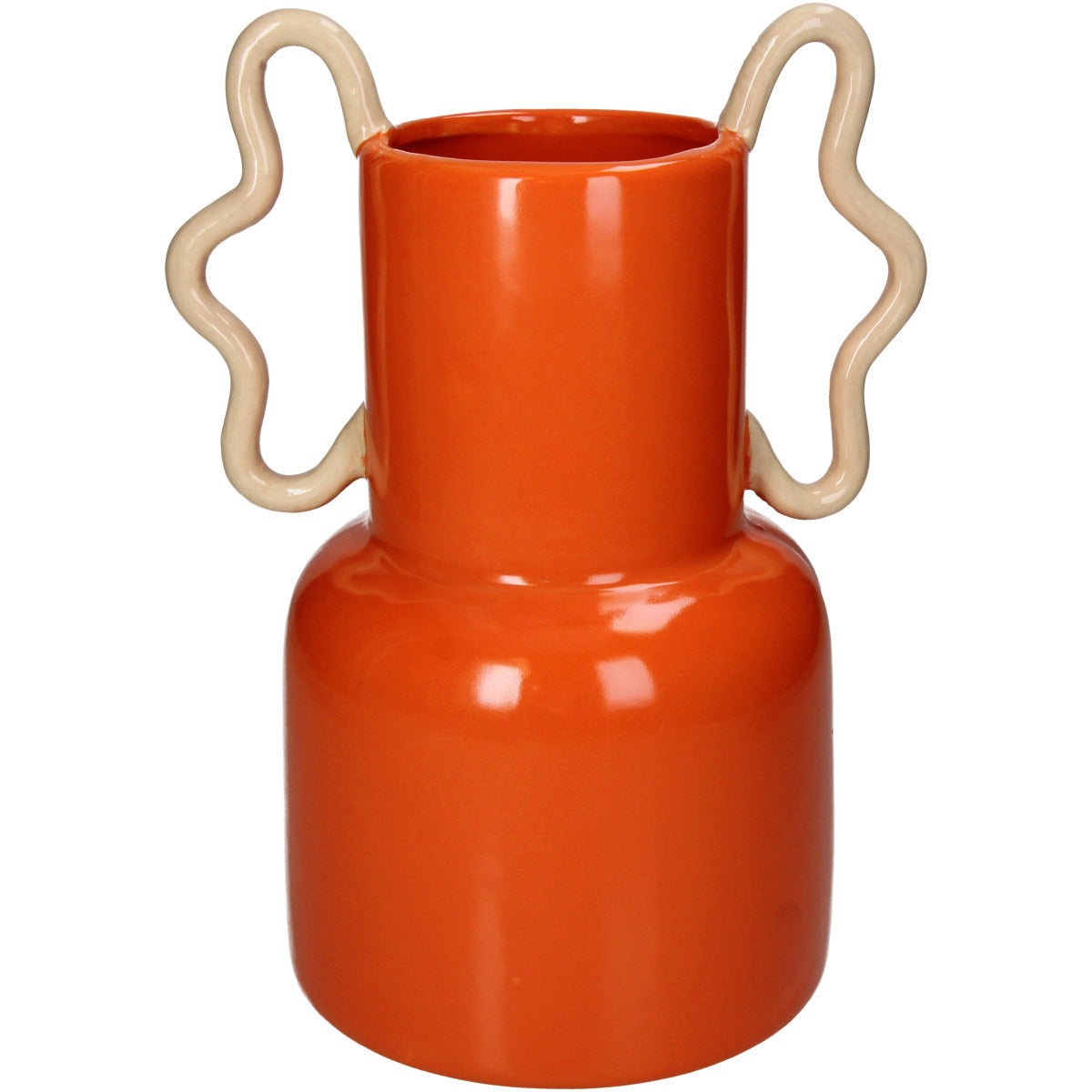 Orangene Deko Vase in form einer zweistufigen Zylindrischen Form, unten breiter ober enger. Mit geschwungenen Sandfarbigen Griffen