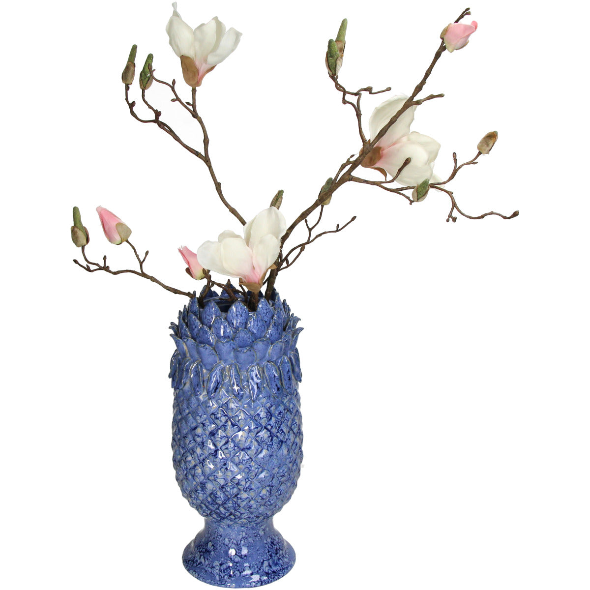 Blaue Ananas-Förmige Deko Vase mit und kurzem Schaft und einer Öffnung , die an einer Lotus blüte erinnert und zweigen, die weiße blüten tragen