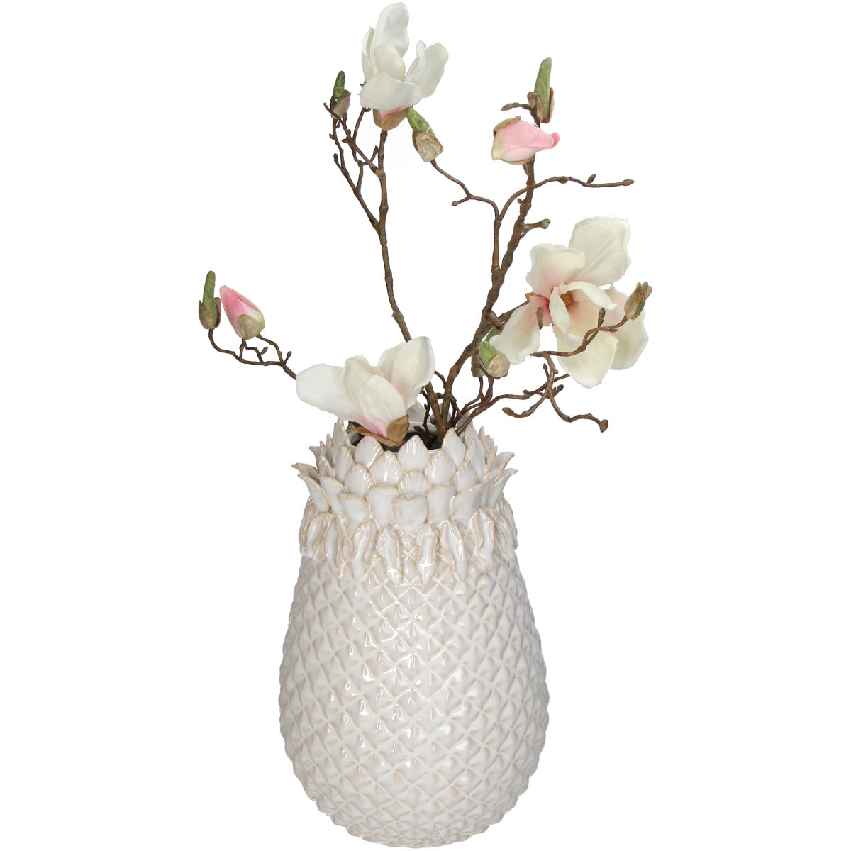 Weiße Ananas-Förmige Ovale Deko Vase mit einer Öffnung, die an einer Lotus blüte erinnert mit Zweigen und weißen blüten