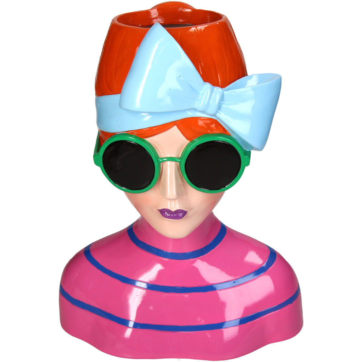 Deko Vase "Lady Pop" mit Sonnenbrille, Haarschleife und trendigem Shirt. Ausdrucksstarke Farben in Pink, Türkis, Grün und Schwarz.