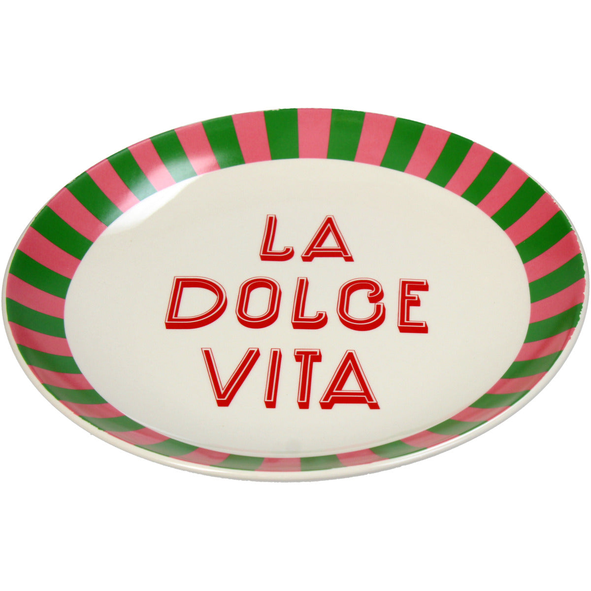 Grün und Pinker Teller mit der Schrift "La Dolce Vita" in Italienischem Design