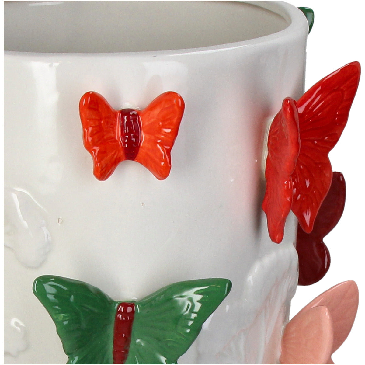Nahaufnahme der Weißen Deko Vase mit 3D Angebrachten in den farben Orange Rot, pink und grün gefärbten Schmetterlingen