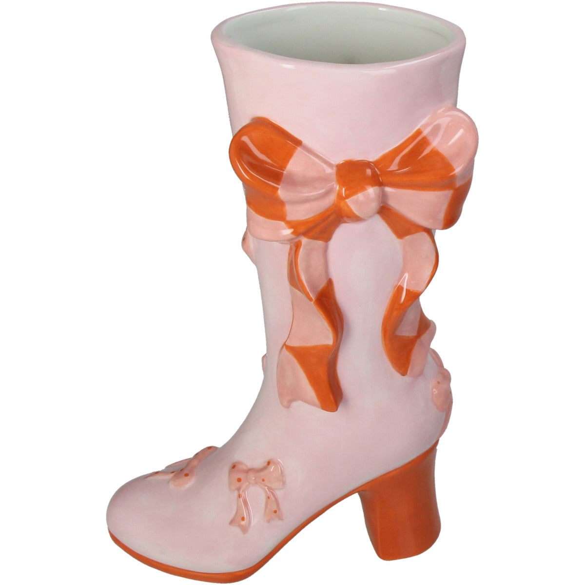 Nahaufnahme der Deko Vase in form eines Pinken Ansatz-Schuhs mit angebrachten rötlichen Schleifen, High heel