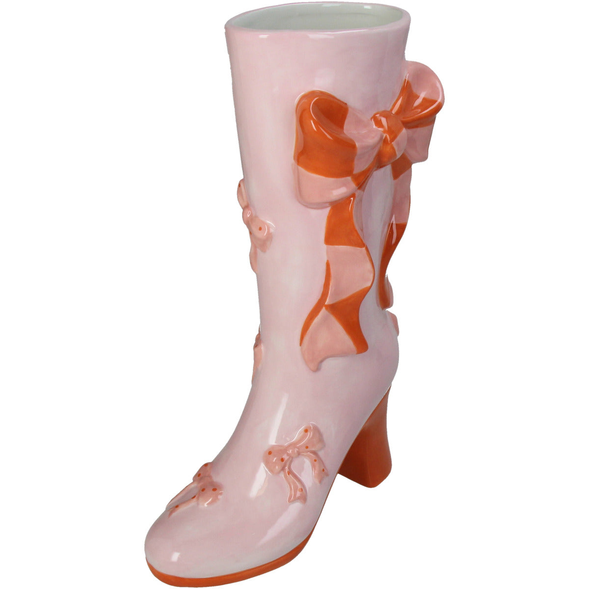 Deko Vase in form eines Pinken Ansatz-Schuhs mit angebrachten rötlichen Schleifen, High heel